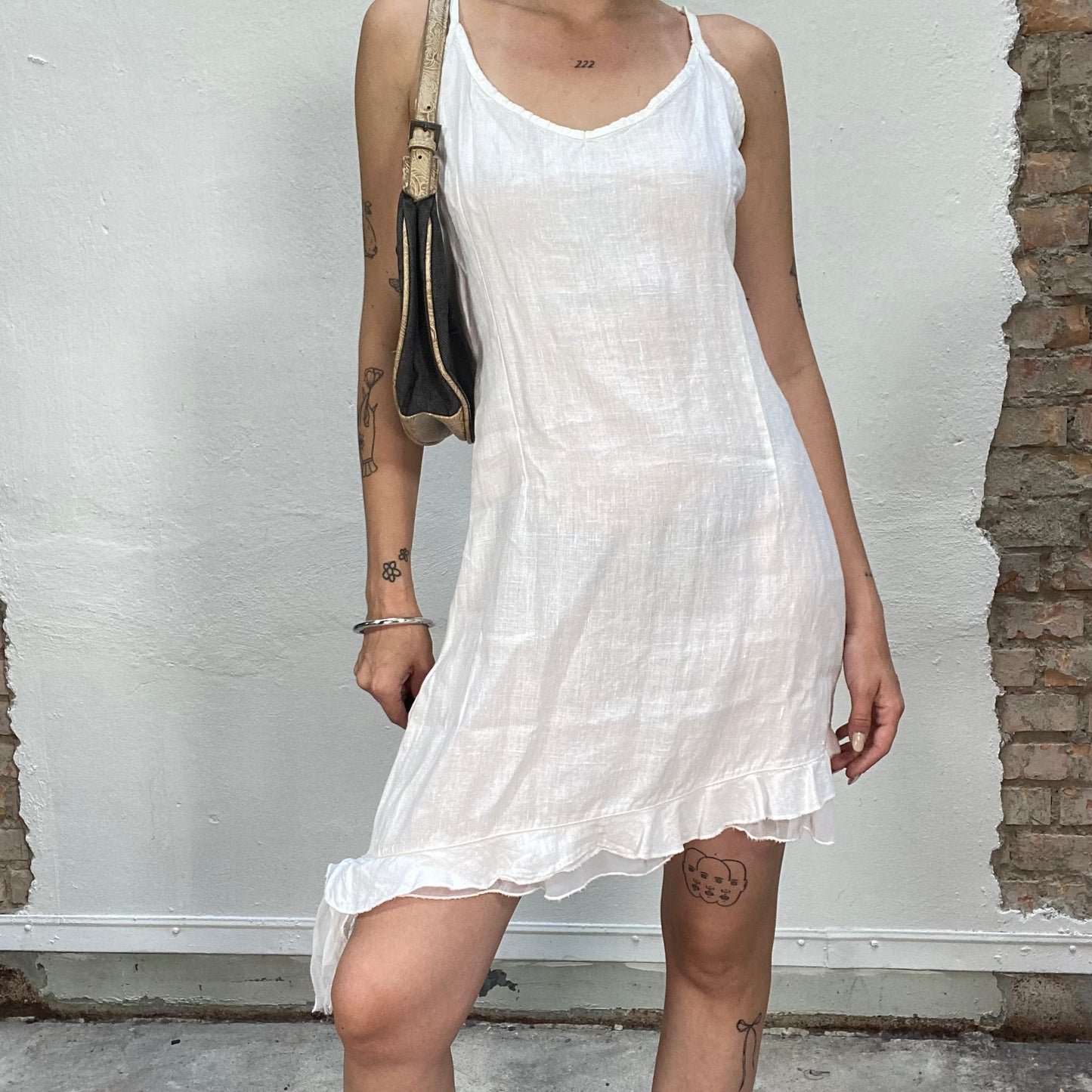 Vintage 2000's Boho White Mini Dress with Frills and Asymmetric Bottom Part (M)