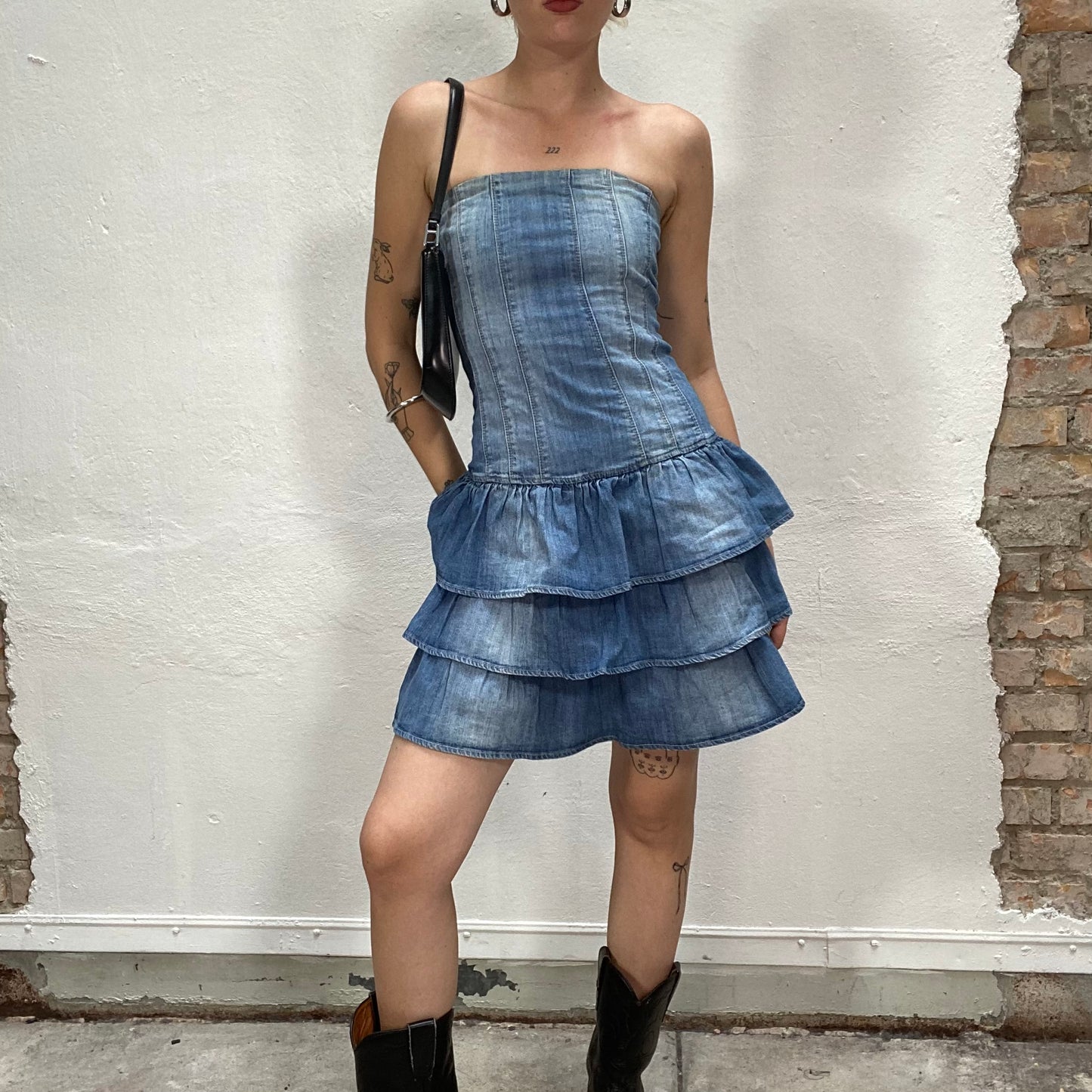 Vintage 2000's Barbie Denim Strapless Dress with Frills (XS)