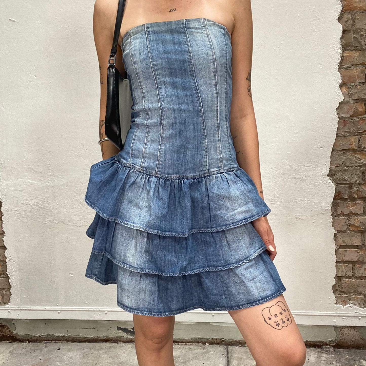 Vintage 2000's Barbie Denim Strapless Dress with Frills (XS)