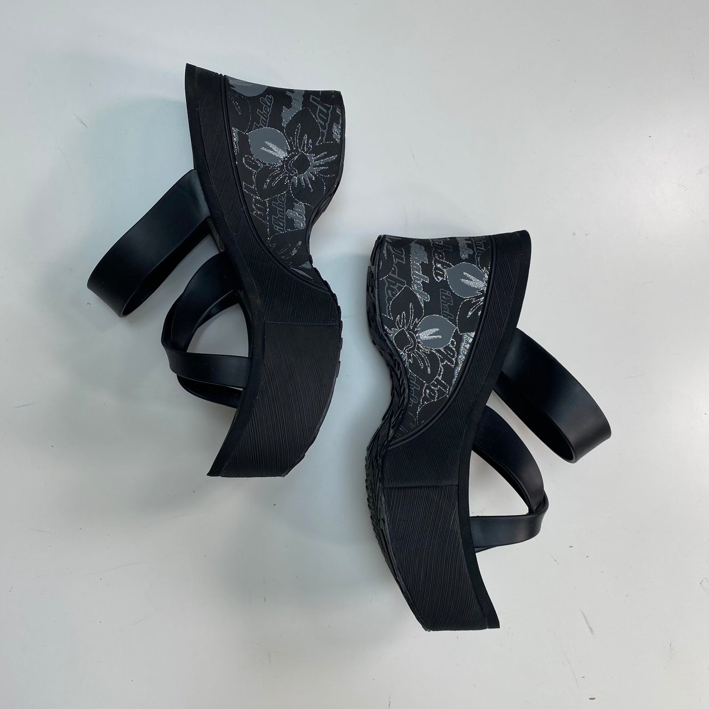 Vintage 90's Black Platform Sandals with White Floral Print Detail (5)