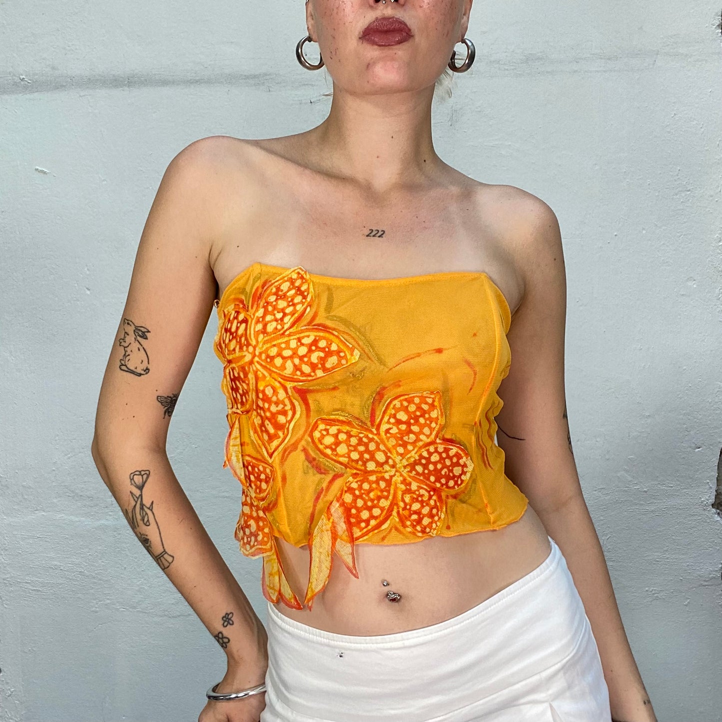 Vintage 2000's Festival Orange Lace Up Tube Top with Lilies Detail and Mesh Material (S)