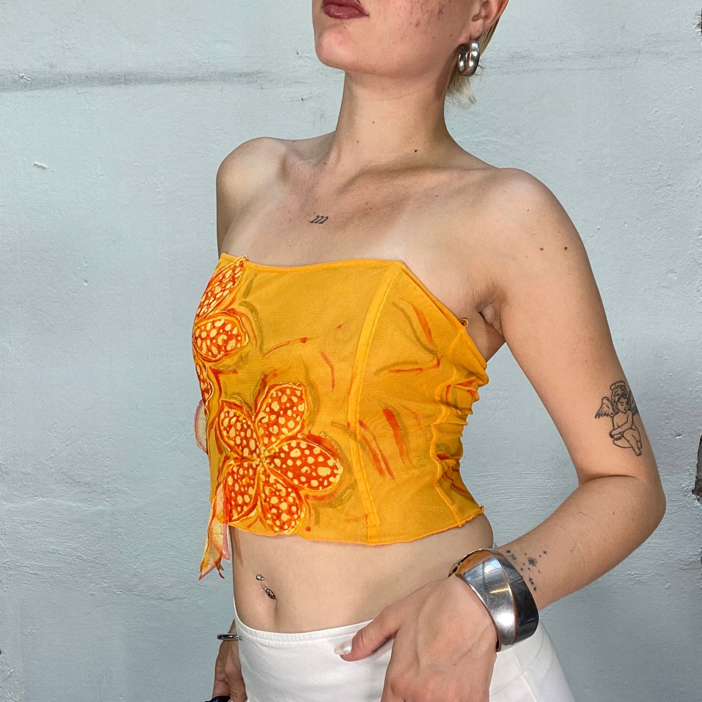 Vintage 2000's Festival Orange Lace Up Tube Top with Lilies Detail and Mesh Material (S)