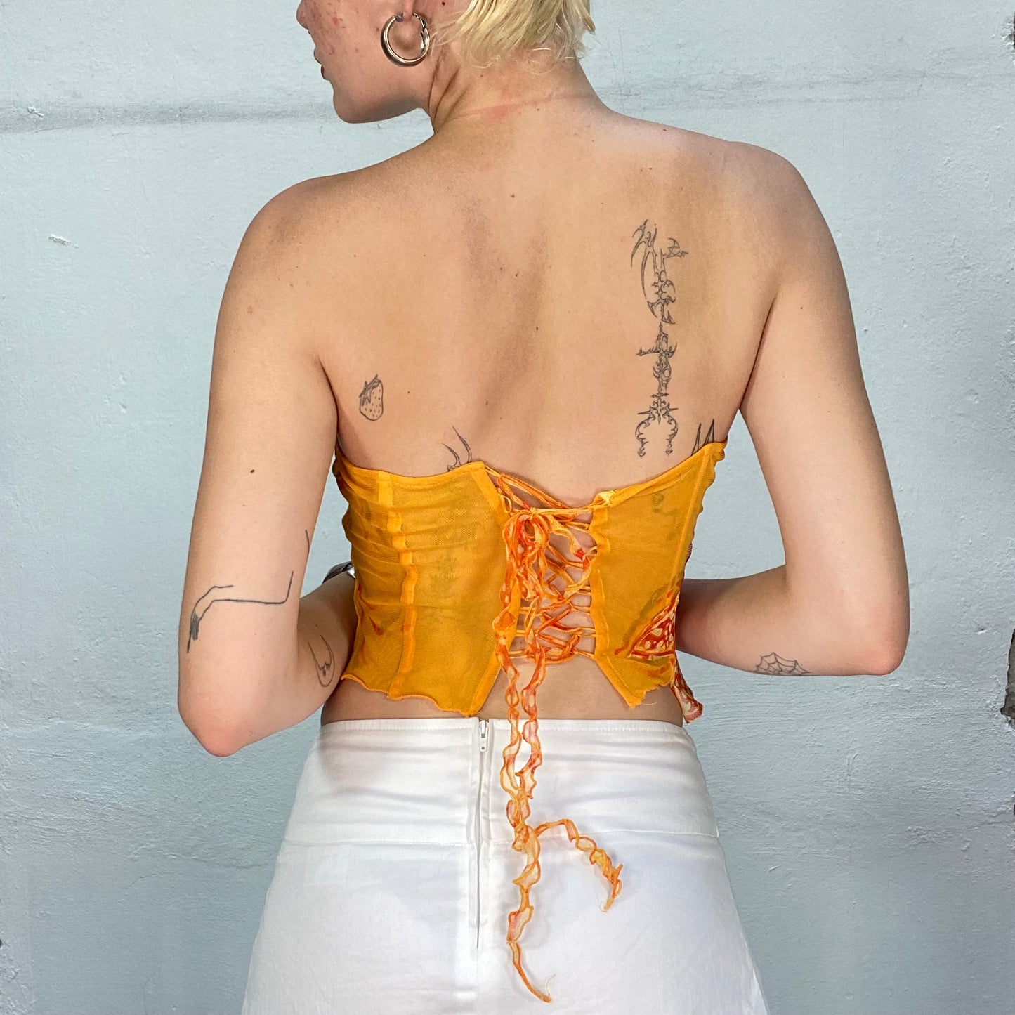 Vintage 2000's Festival Orange Lace Up Tube Top with Lilies Detail and Mesh Material (S)