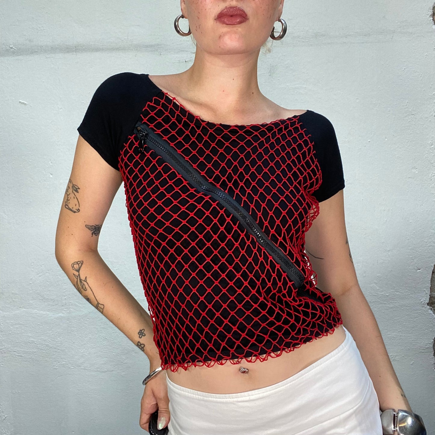 Vintage 90's Rave Black Top with Red Fishnet and Crossed Zip Detail (S)