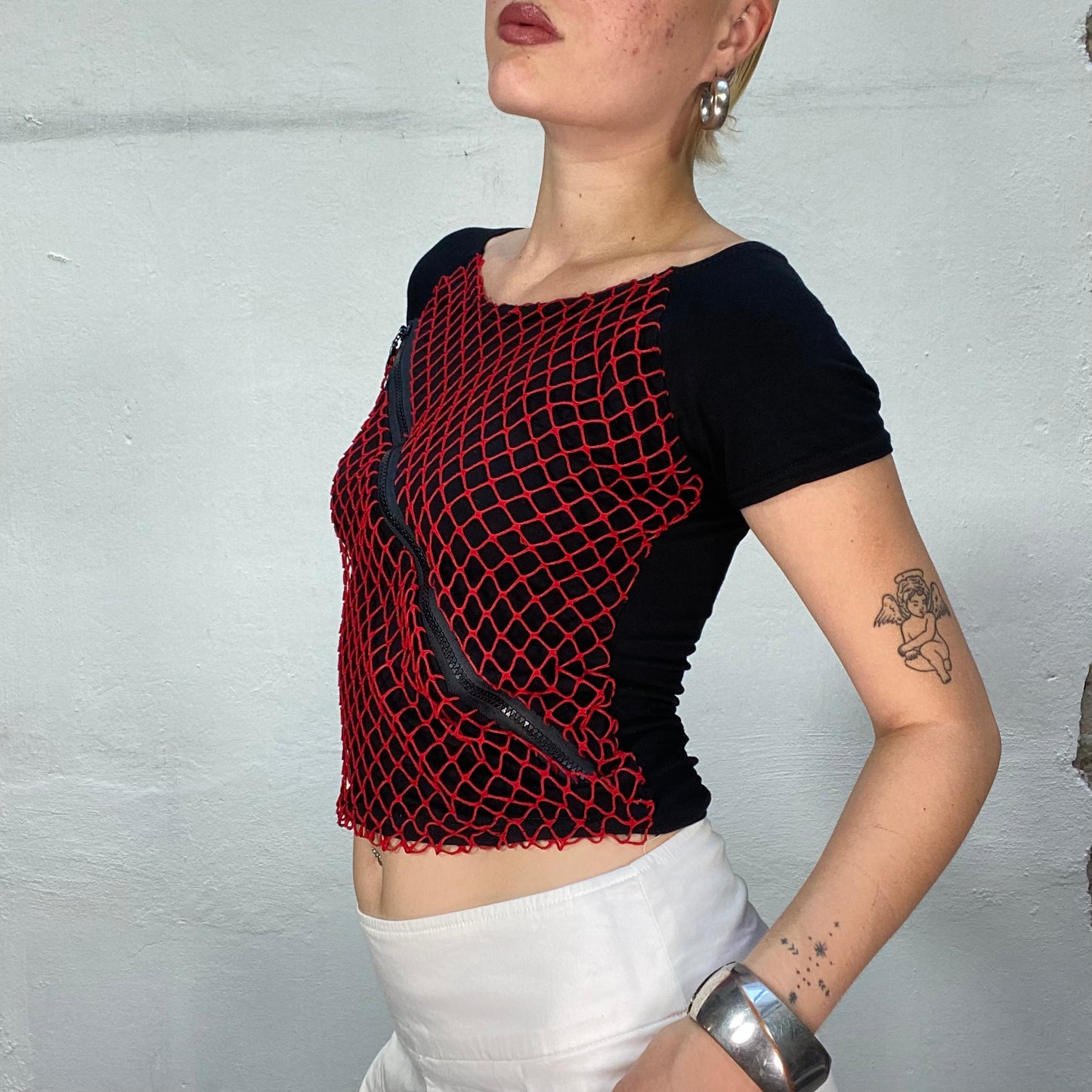 Vintage 90's Rave Black Top with Red Fishnet and Crossed Zip Detail (S)