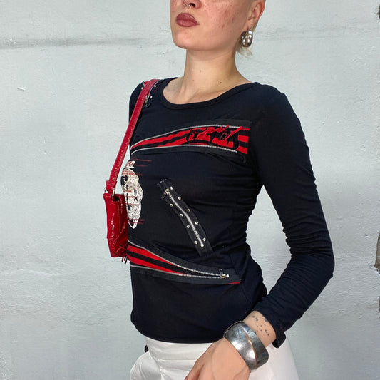 Vintage 90's Gothic Black Longsleeve Top with Red Typography Print and Zip Details (S)