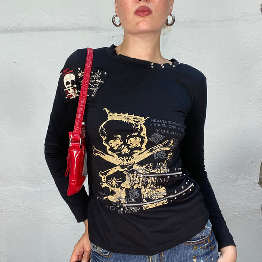 Vintage 90's Gothic Black Longsleeve Top with Yellow Skull Print and Zip Details (S)