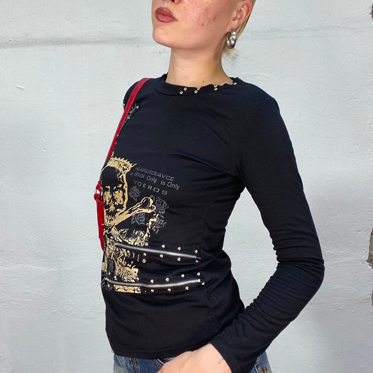 Vintage 90's Gothic Black Longsleeve Top with Yellow Skull Print and Zip Details (S)