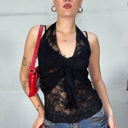 Vintage 90's Model Off Duty Black Halter Top with Lace Material and Knot Detail (S)