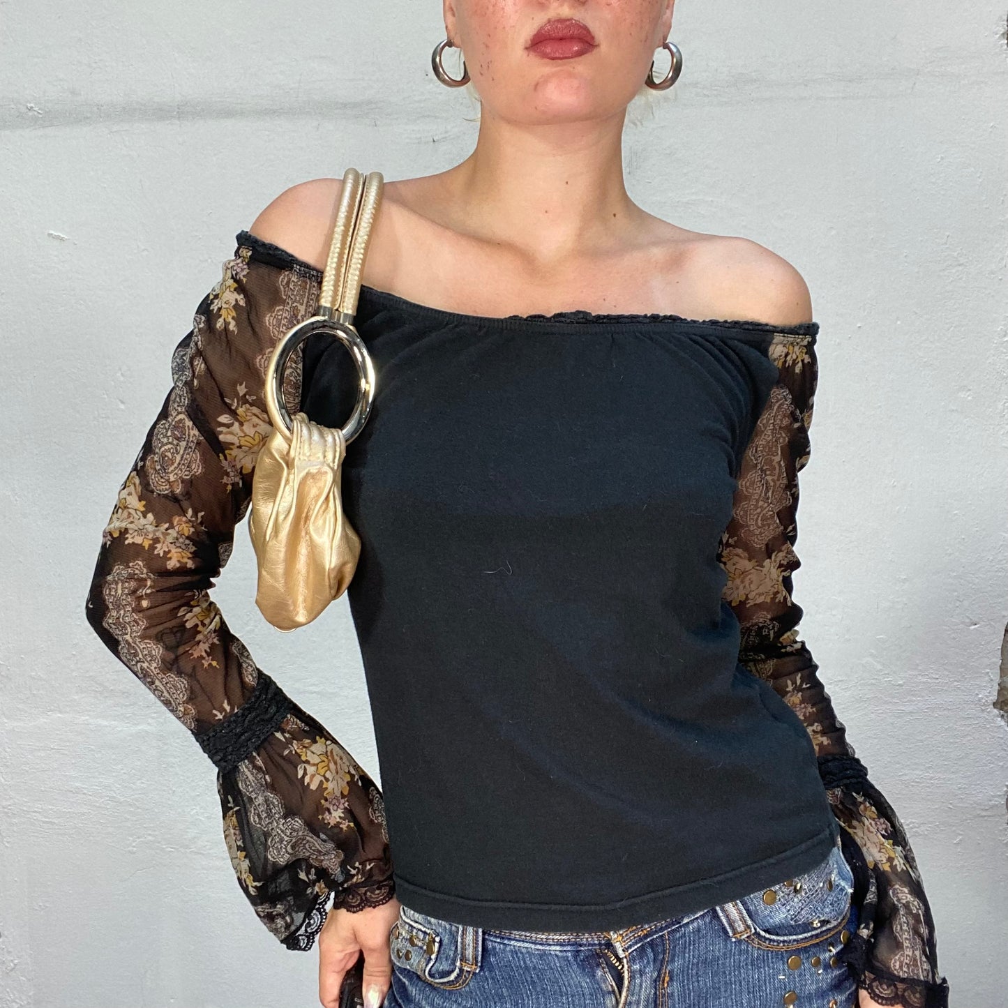 Vintage 2000's Indie Black Off Shoulder Longsleeve Top with Mesh and Floral Print Sleeves(S)