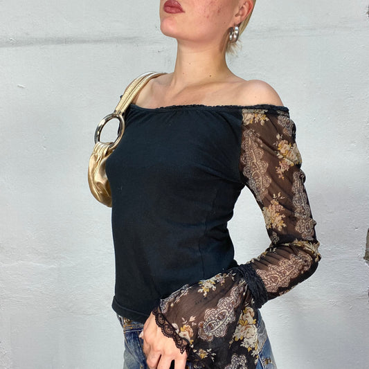 Vintage 2000's Indie Black Off Shoulder Longsleeve Top with Mesh and Floral Print Sleeves(S)