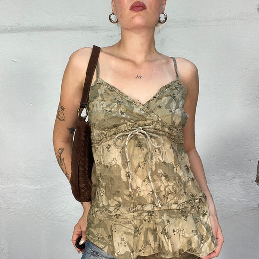 Vintage 2000's Indie Girl Camo Cami Top with Stars Print and Strap Detail(S/M)