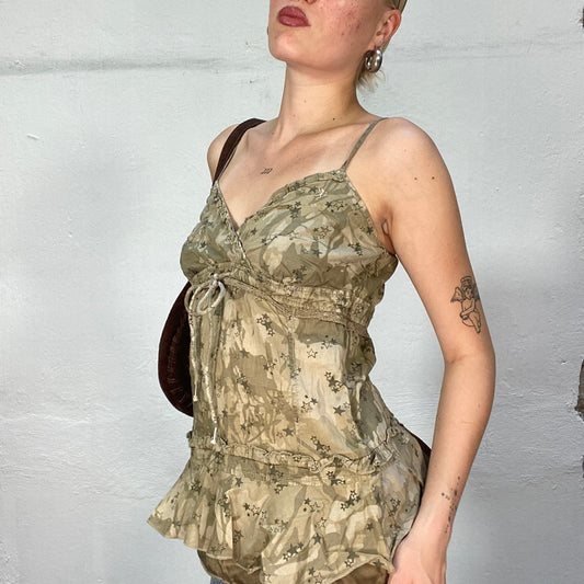 Vintage 2000's Indie Girl Camo Cami Top with Stars Print and Strap Detail(S/M)