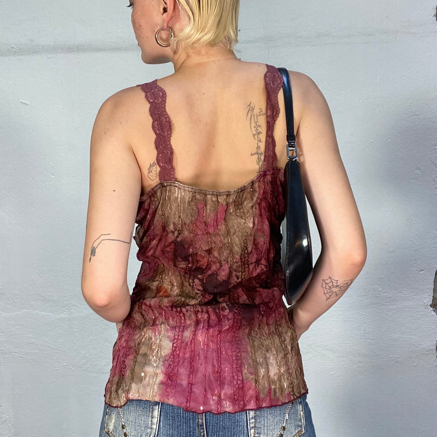 Vintage 90's Brown and Bordeaux Top with Tie Dye Print and Lace Trim (M)