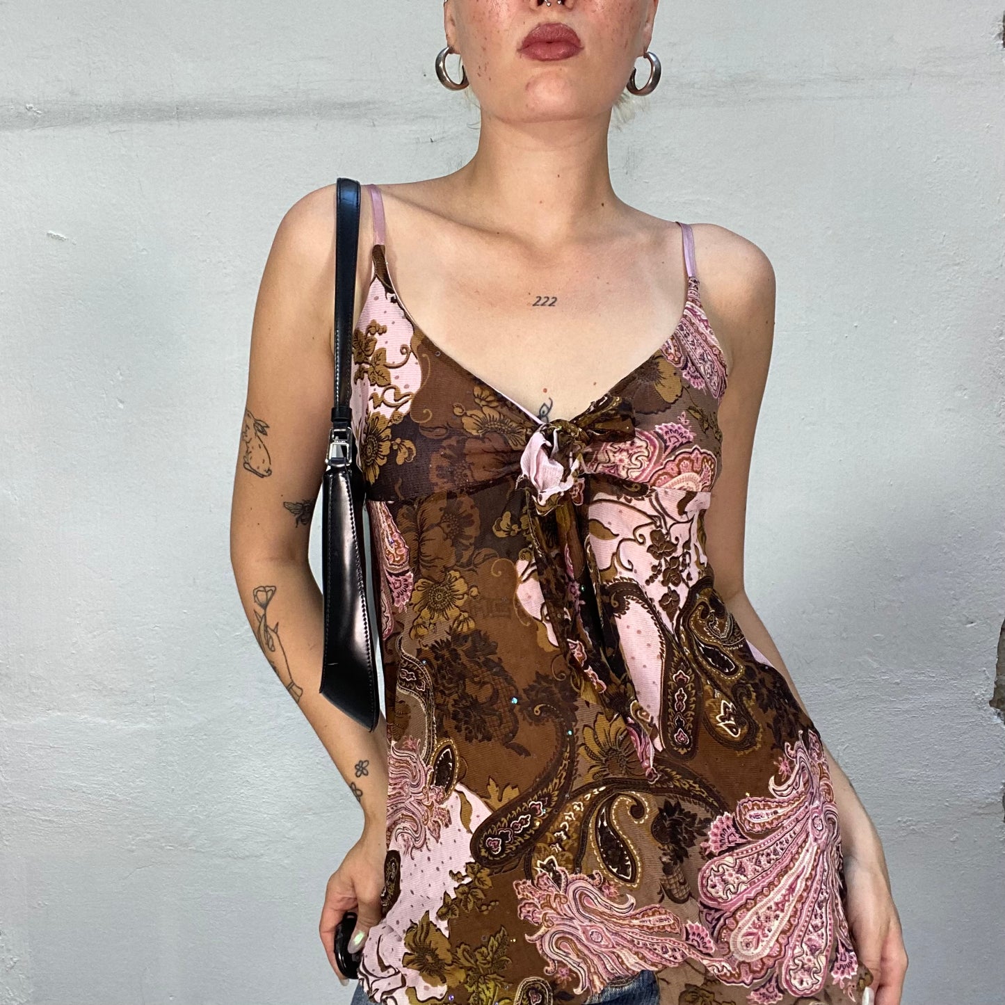 Vintage 90's Indie Brown Cami Long Top with Pink Paisley Print and Tie Detail (S/M)