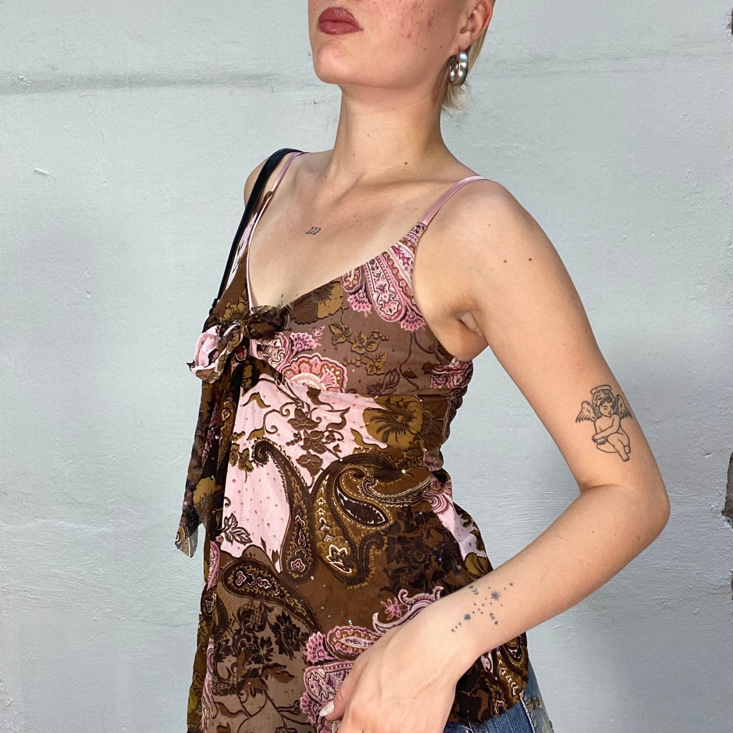 Vintage 90's Indie Brown Cami Long Top with Pink Paisley Print and Tie Detail (S/M)