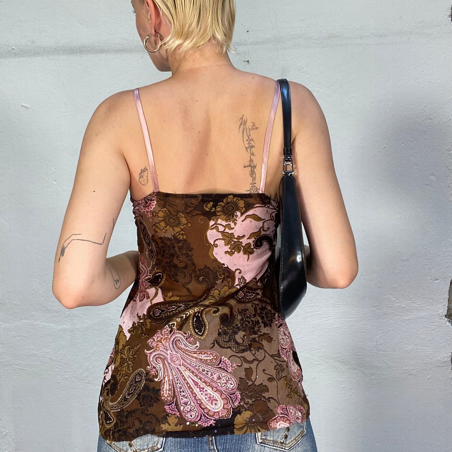 Vintage 90's Indie Brown Cami Long Top with Pink Paisley Print and Tie Detail (S/M)