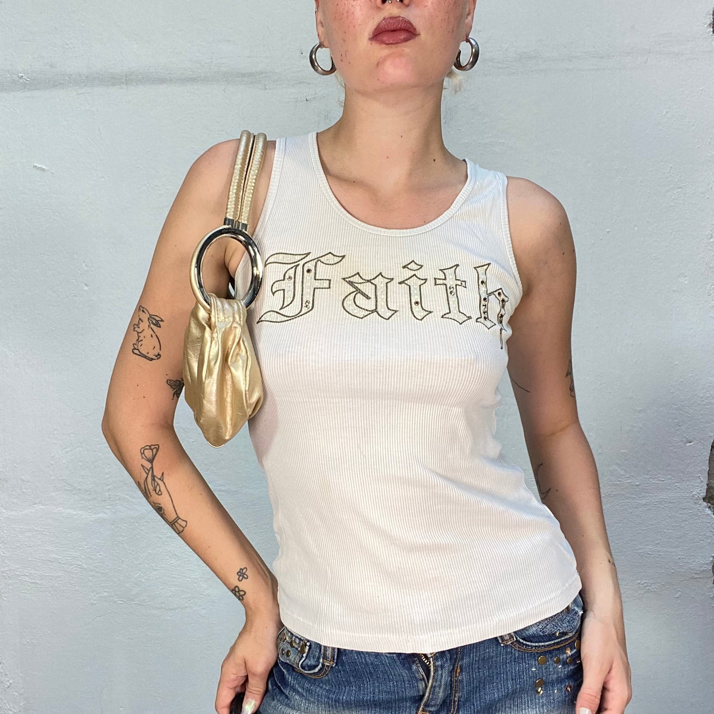 Vintage 90's Downtown Girl Beige Tank Top with Rhinestones "Faith" Goth Typo Print (S)