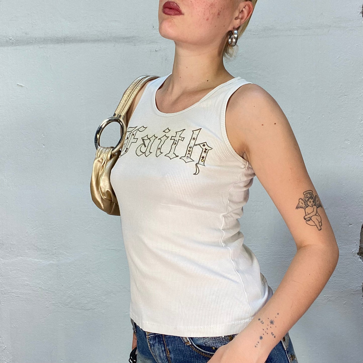 Vintage 90's Downtown Girl Beige Tank Top with Rhinestones "Faith" Goth Typo Print (S)