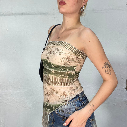 Vintage 90's Hippie Green Strapless Top with Asymmetric Cut and Floral Print (S)