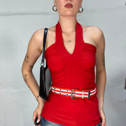 Vintage 2000's Summer Red Neckholder Top with Striped Waist Belt (S)