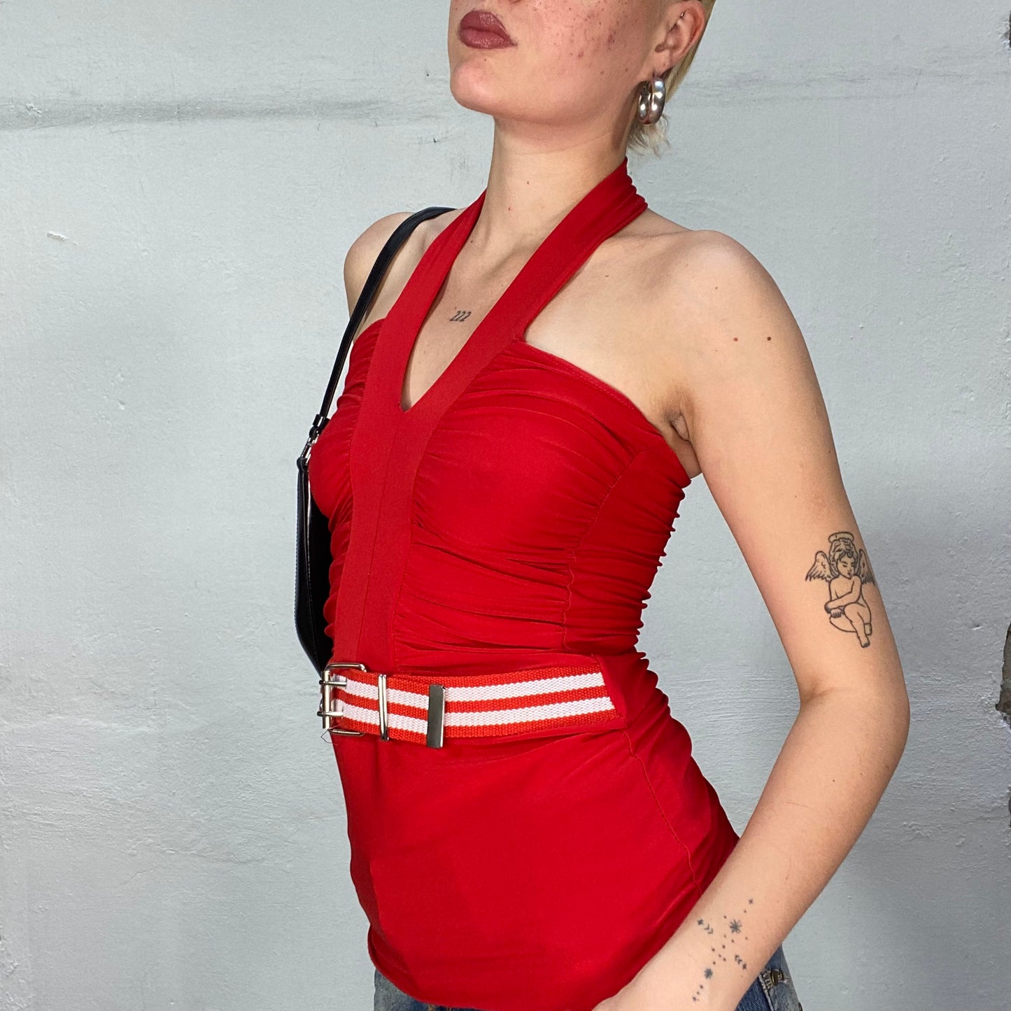 Vintage 2000's Summer Red Neckholder Top with Striped Waist Belt (S)