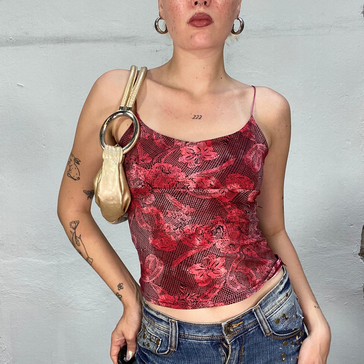 Vintage 90's Indie Red Cami Top with Hibiscus Print (S/M)