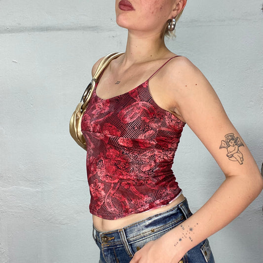 Vintage 90's Indie Red Cami Top with Hibiscus Print (S/M)