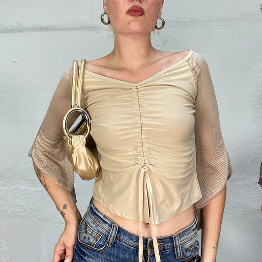 Vintage 90's Boho Biege Top with Angel Longsleeve and Scrunched Front Part (S/M)