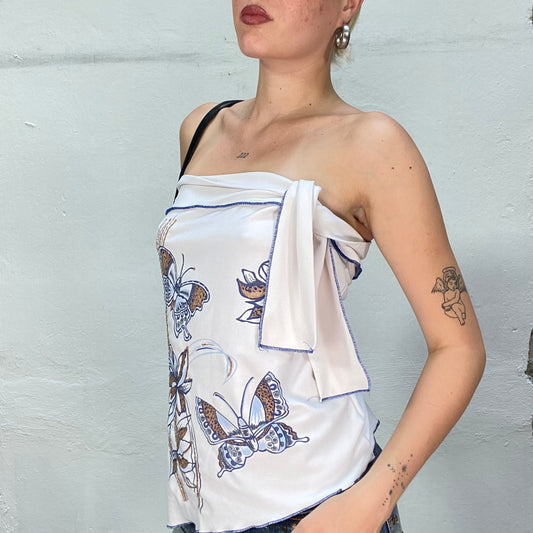 Vintage 2000's Soft Girl Baby Blue Strapless Top with Asymmetric Cut and Butterfly Print (S/M)