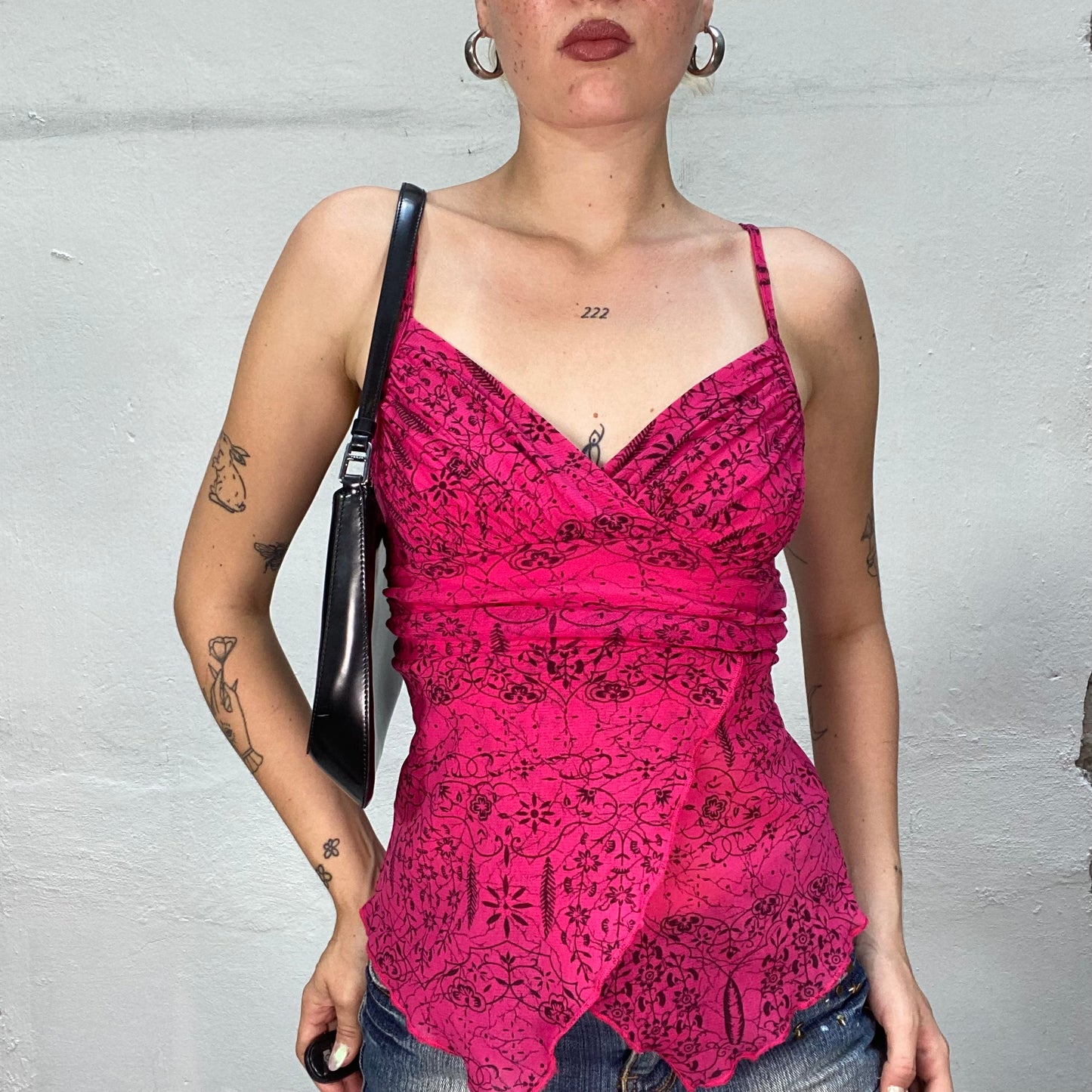 Vintage 90's Indie Pink Top with Asymmetric Cut and Black Floral Print (S)