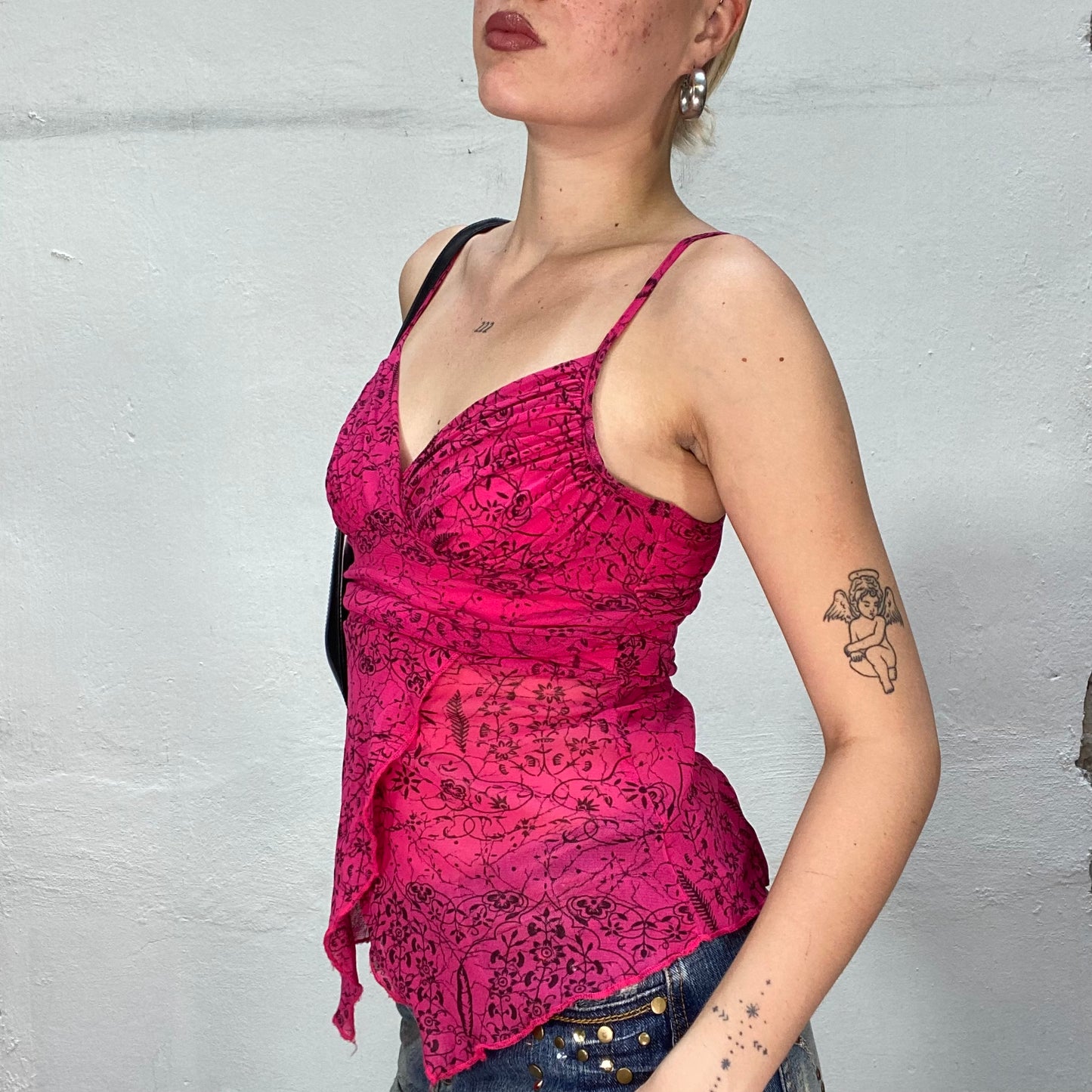 Vintage 90's Indie Pink Top with Asymmetric Cut and Black Floral Print (S)