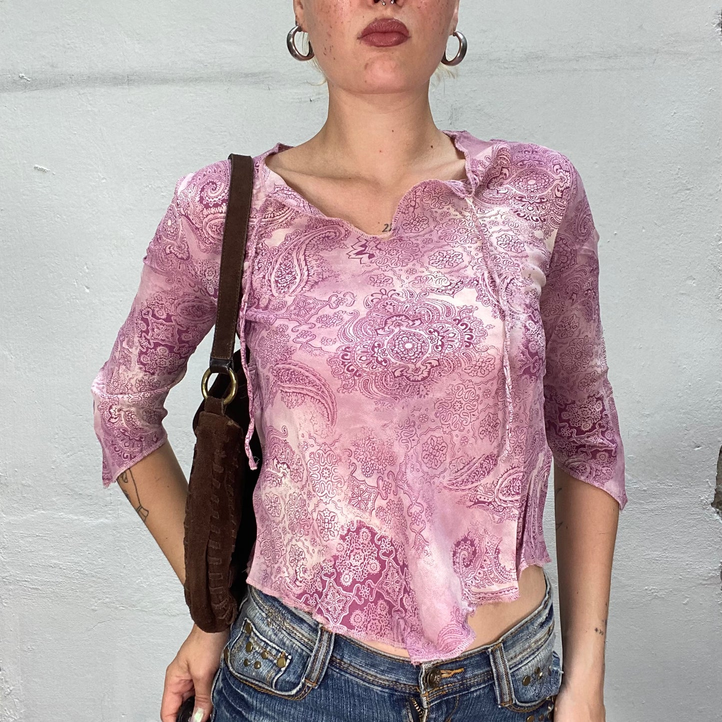 Vintage 90's Hippie Longsleeve Pink Top with Paisley Print and Pointed Front (S/M)