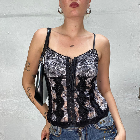 Vintage 90's Whimsgoth Grey Corset Top with Roses and Leopard Print (S/M)