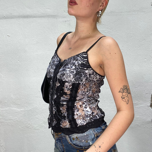 Vintage 90's Whimsgoth Grey Corset Top with Roses and Leopard Print (S/M)