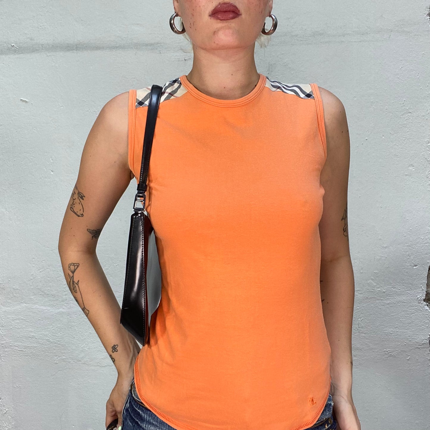 Vintage 2000's Burberry Summer Orange Tank Top with Archive Brand Checkered Trim Detail (S)