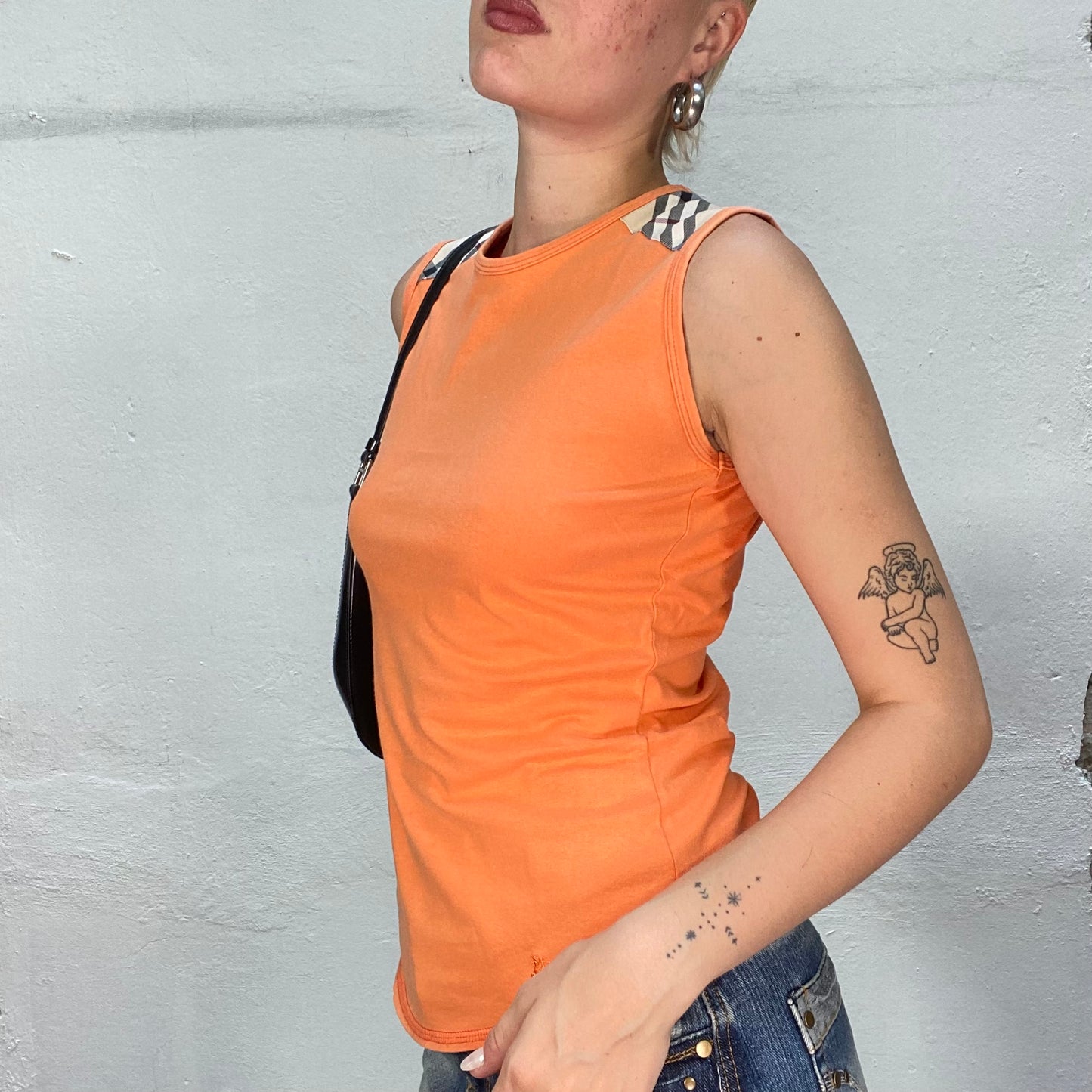 Vintage 2000's Burberry Summer Orange Tank Top with Archive Brand Checkered Trim Detail (S)