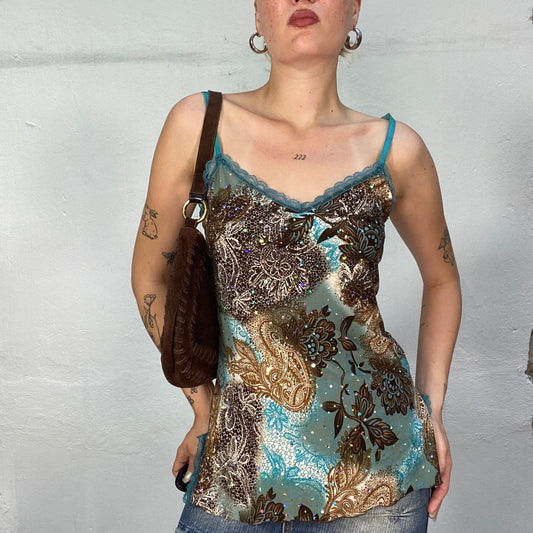 Vintage 90's Indie Blue and Brown Top with Paisley and Floral Print and Rhinestones Detail (S/M)