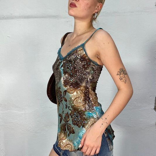 Vintage 90's Indie Blue and Brown Top with Paisley and Floral Print and Rhinestones Detail (S/M)