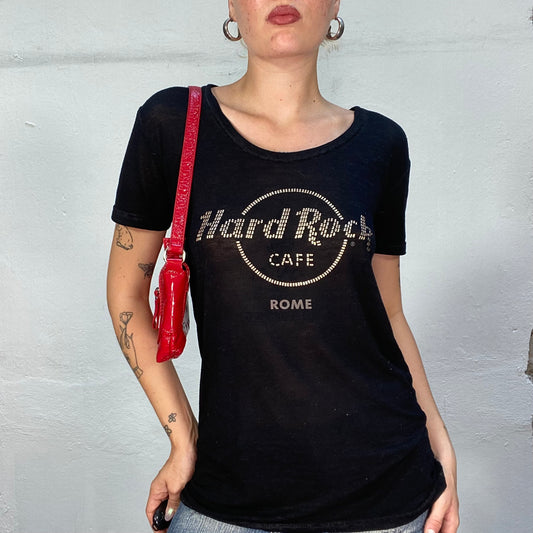 Vintage 90's Hard Rock Café Archive Black Top with "Rom" and Logo Print (S/M)