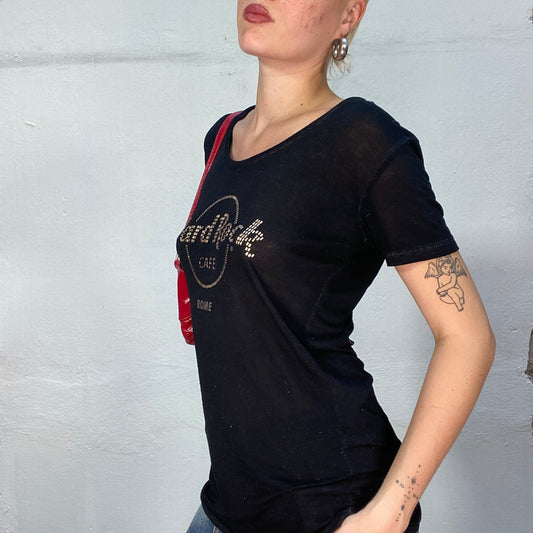 Vintage 90's Hard Rock Café Archive Black Top with "Rom" and Logo Print (S/M)