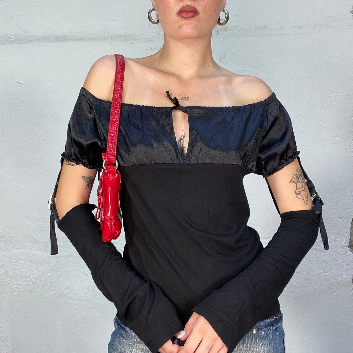 Vintage 2000's Cyber Black Off Shoulder Satin Top with Attached Sleeves (S/M)