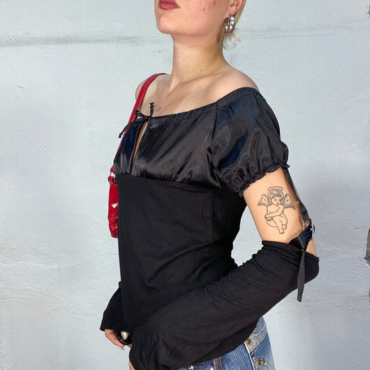 Vintage 2000's Cyber Black Off Shoulder Satin Top with Attached Sleeves (S/M)