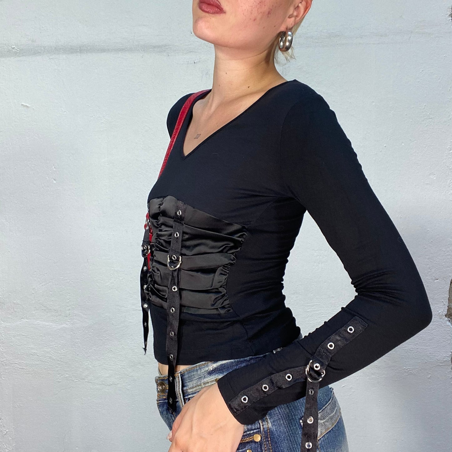 Vintage 2000's Gothic Black Longsleeve Top with Satin and Belt Detail (S)