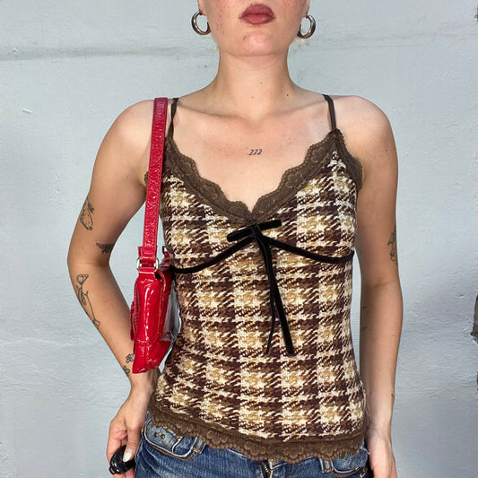 Vintage 90's Soft Girl Brown Top with Checkered Print and Lace Trim Detail (S)