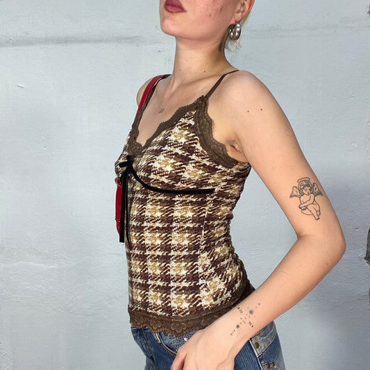 Vintage 90's Soft Girl Brown Top with Checkered Print and Lace Trim Detail (S)