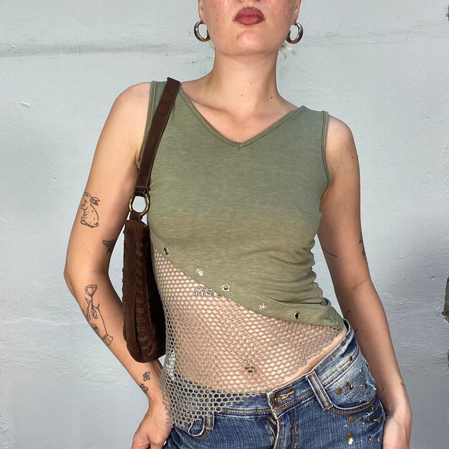 Vintage 90's Grunge Khaki Asymmetric Tank Top with Fishnet Cut and Stud Detail (S)