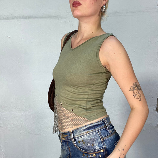 Vintage 90's Grunge Khaki Asymmetric Tank Top with Fishnet Cut and Stud Detail (S)