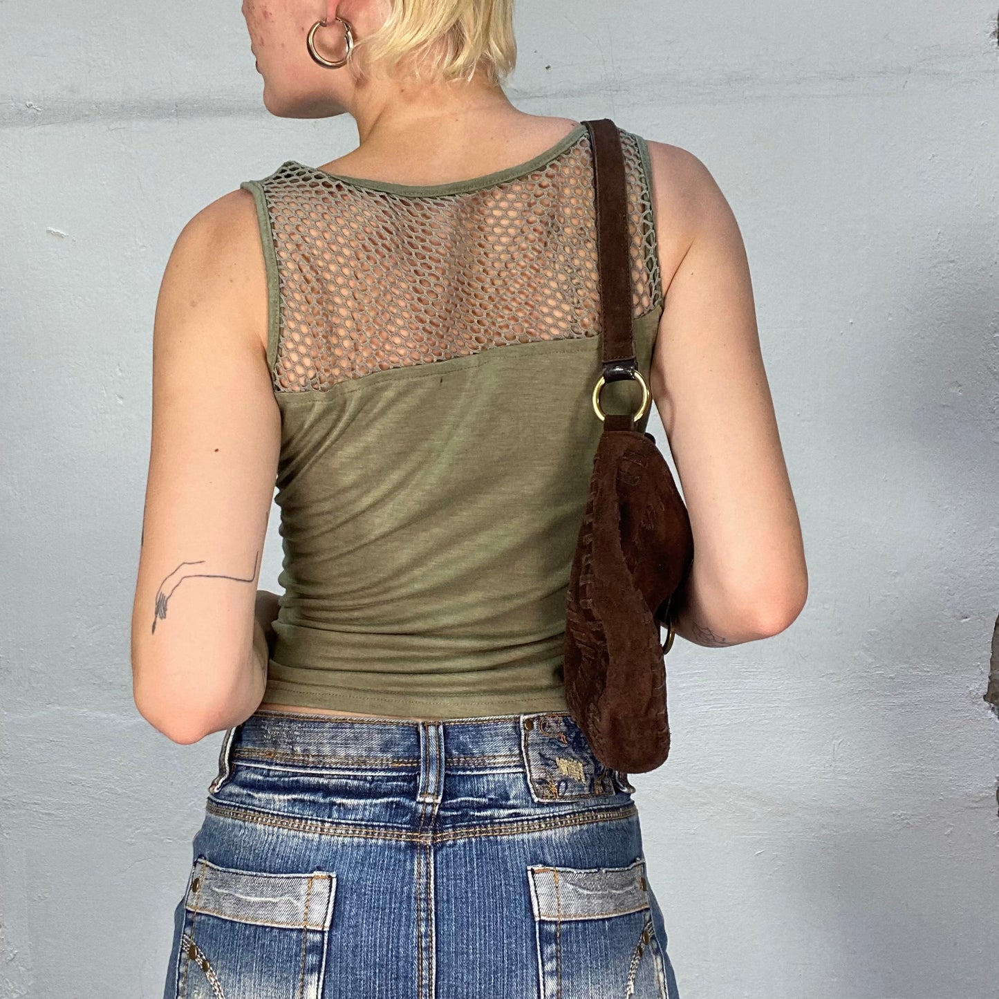 Vintage 90's Grunge Khaki Asymmetric Tank Top with Fishnet Cut and Stud Detail (S)