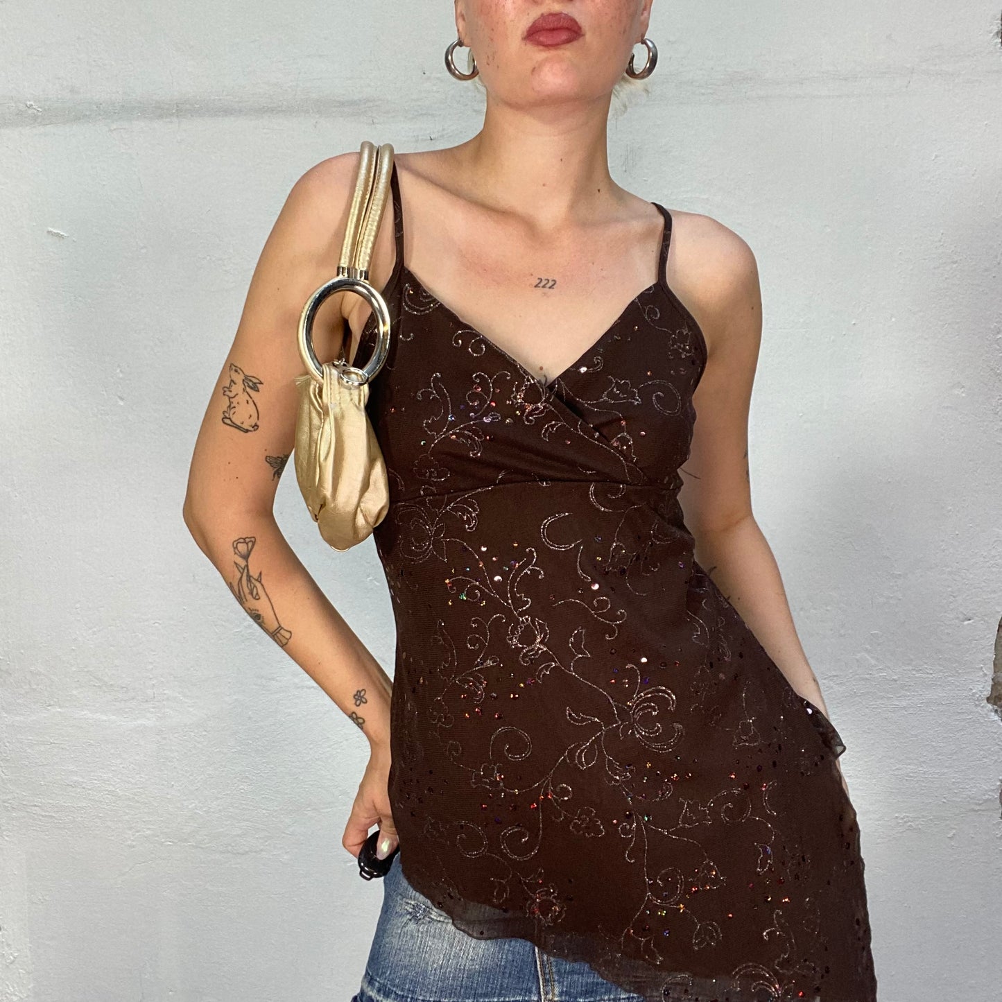 Vintage 90's Hippie Brown Long Asymmetric Cami Top with Glittery Floral Print (S)